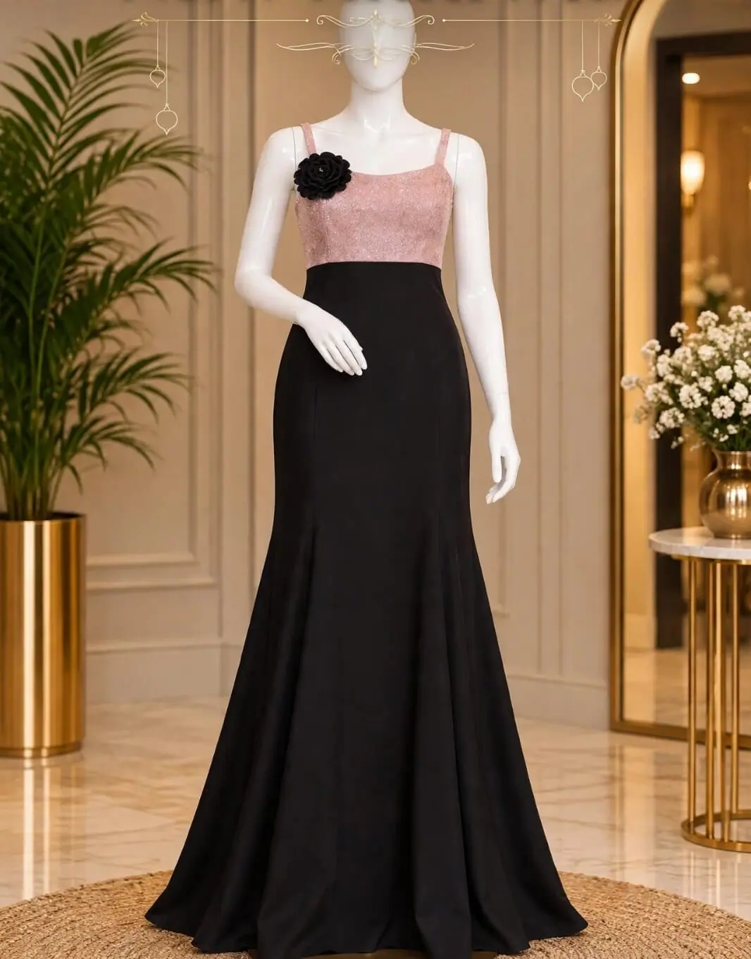 Tamilini Black Evening Gown shown on a mannequin in the boutique