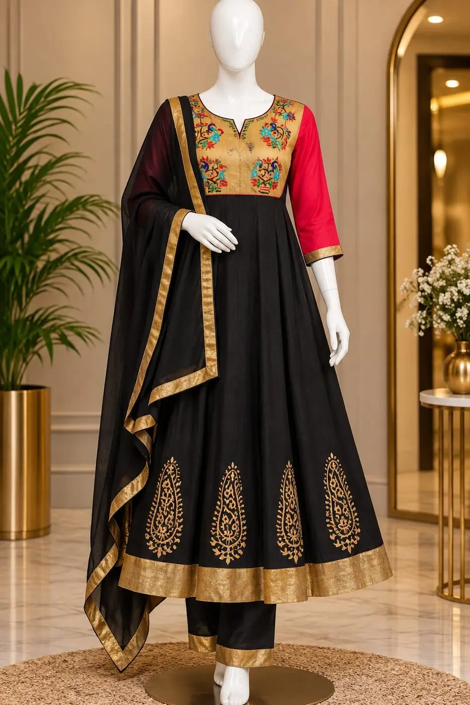 Vennila Black & Gold Anarkali shown on a mannequin in the boutique