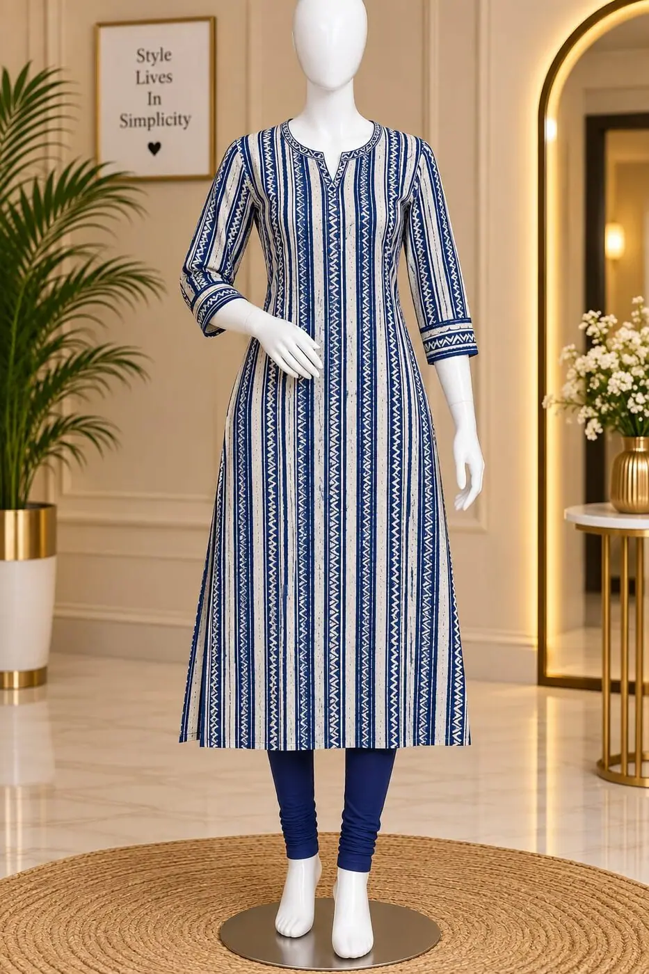 Madhavi Blue Stripe Kurti shown on a mannequin in the boutique
