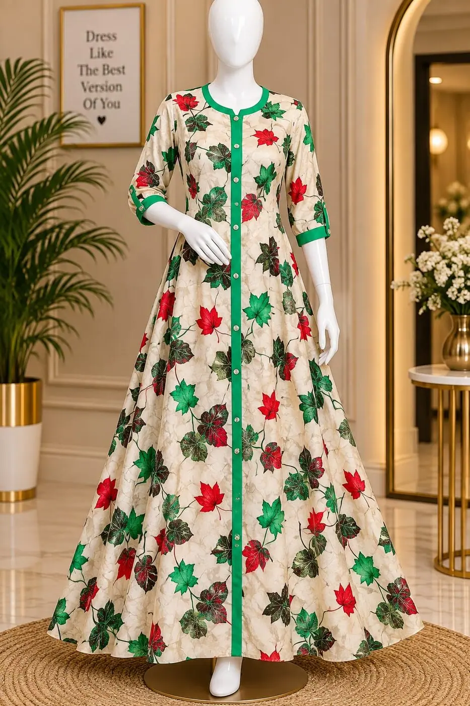 Gayathri Cream Floral Gown shown on a mannequin in the boutique