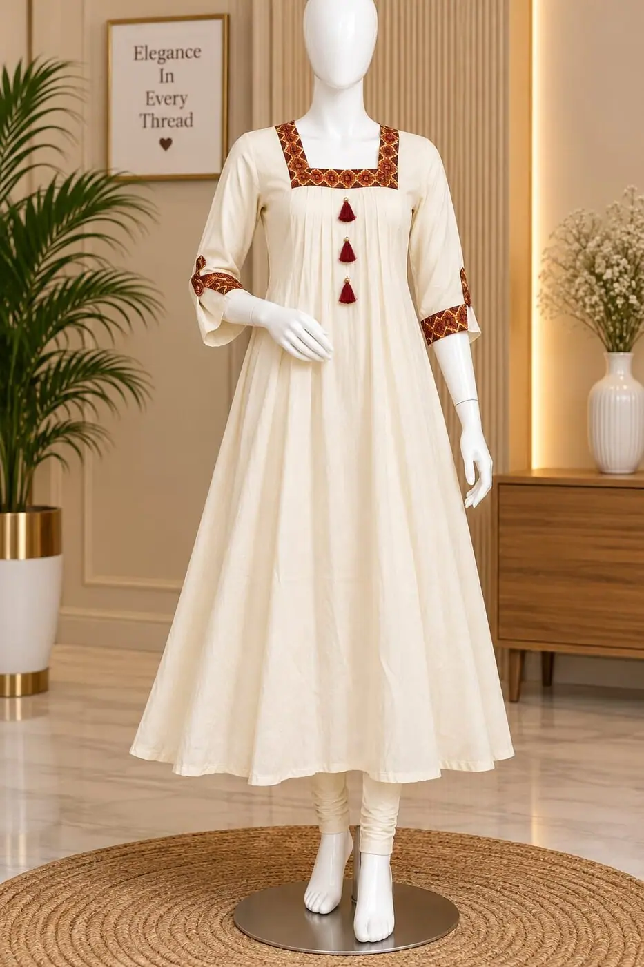 Malini Cream Tassel Anarkali shown on a mannequin in the boutique