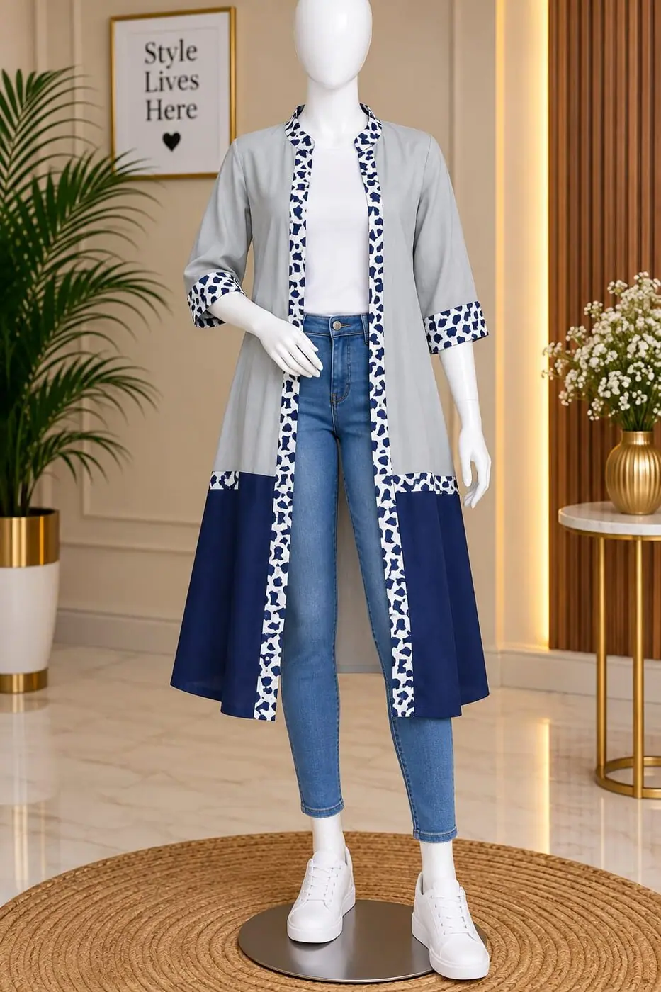 Devika Grey Check Shrug Set shown on a mannequin in the boutique
