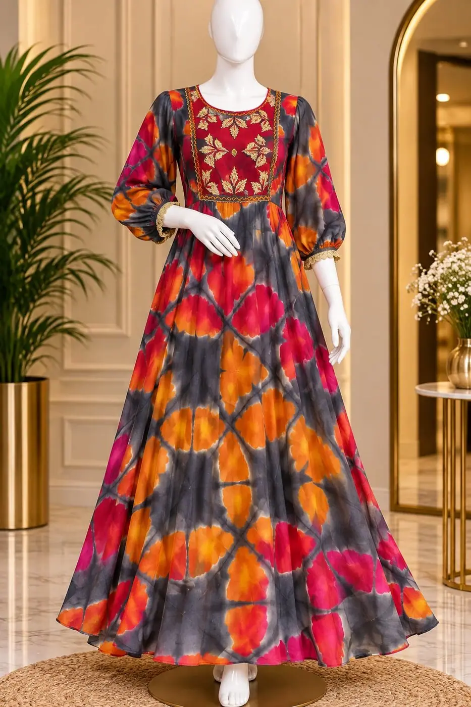 Nithila Grey & Orange Floral Gown shown on a mannequin in the boutique