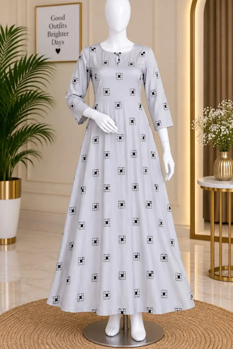 Bhavani Grey Print A-Line Gown shown on a mannequin in the boutique