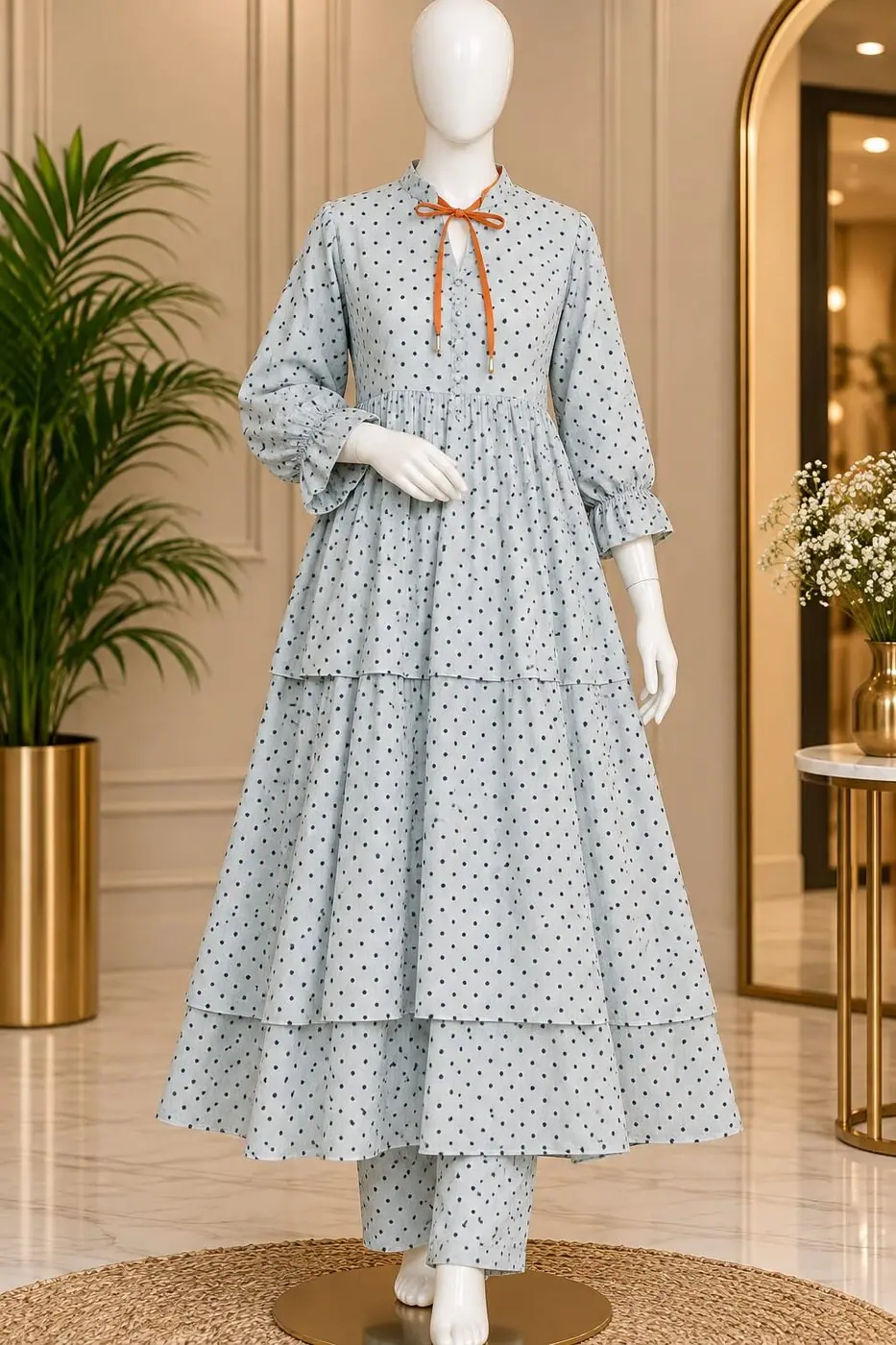 Saranya Grey Tiered Co-ord shown on a mannequin in the boutique