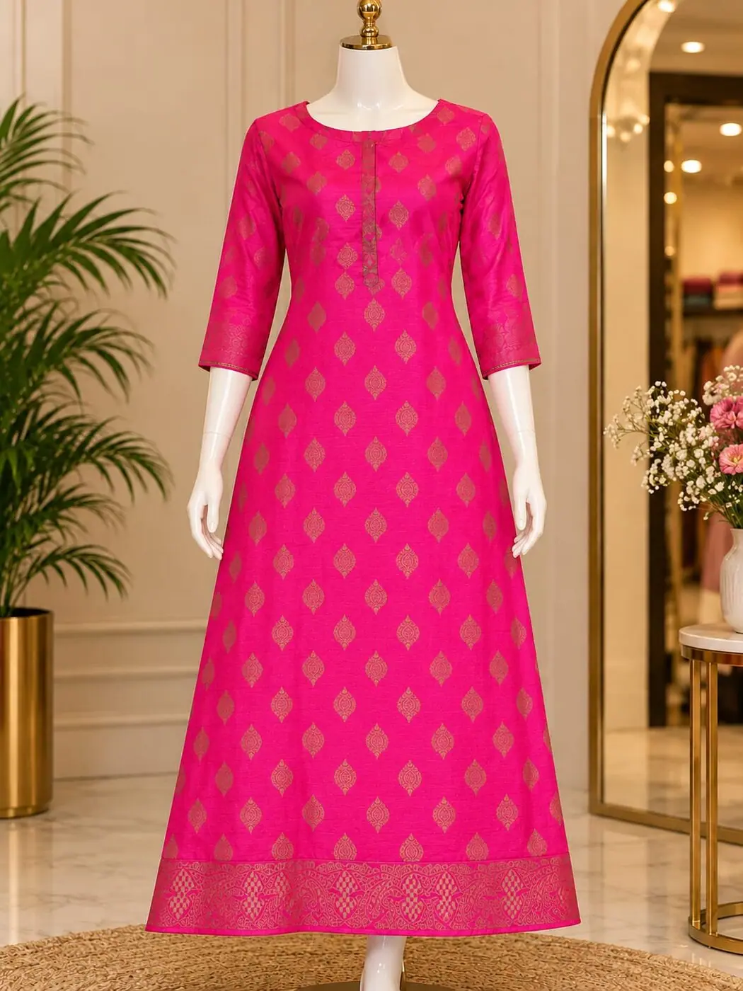 Nandhini Magenta Butta Kurti shown on a mannequin in the boutique