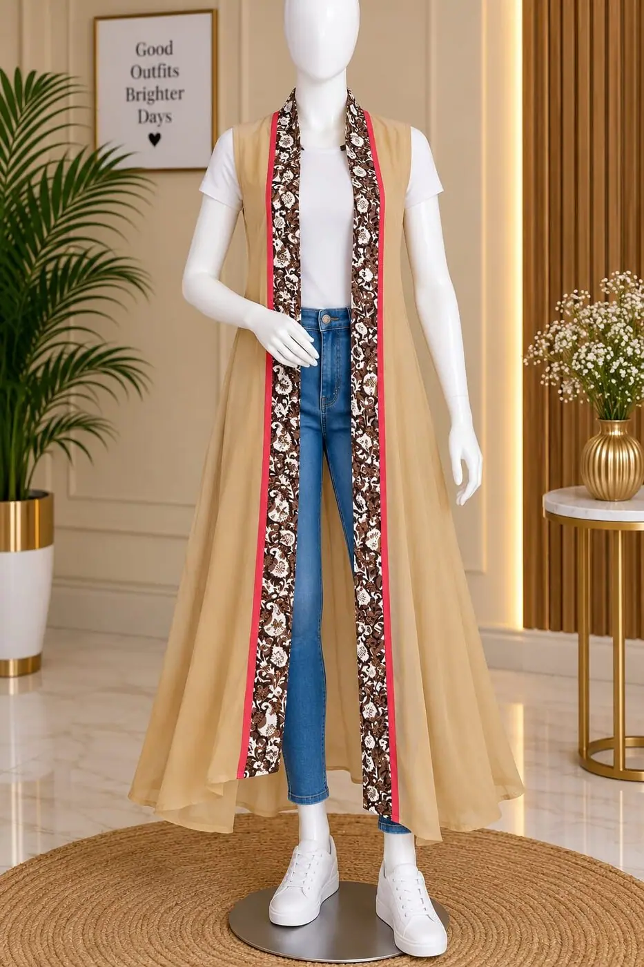 Aarthi Monochrome Print Shrug shown on a mannequin in the boutique