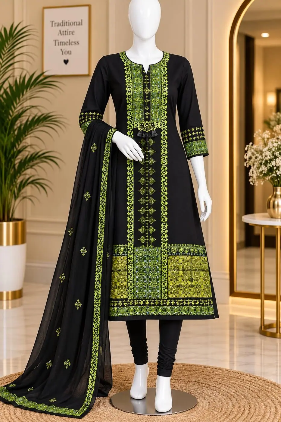 A navy kurta with green thread work, shown with its churidar and dupatta