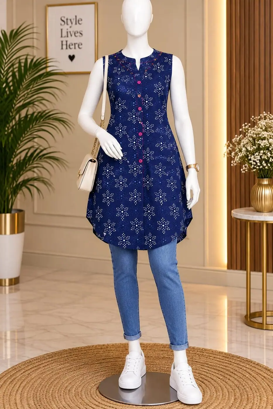 Kamala Navy Print Kurti shown on a mannequin in the boutique