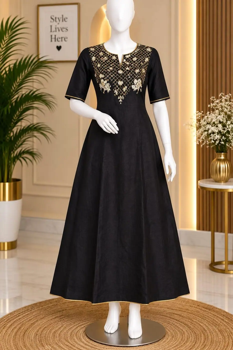 Lavanya Navy Yoke Anarkali shown on a mannequin in the boutique