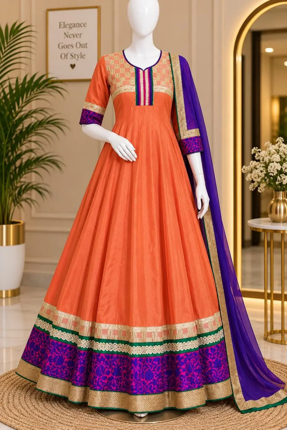 Yazhini Orange & Purple Anarkali shown on a mannequin in the boutique
