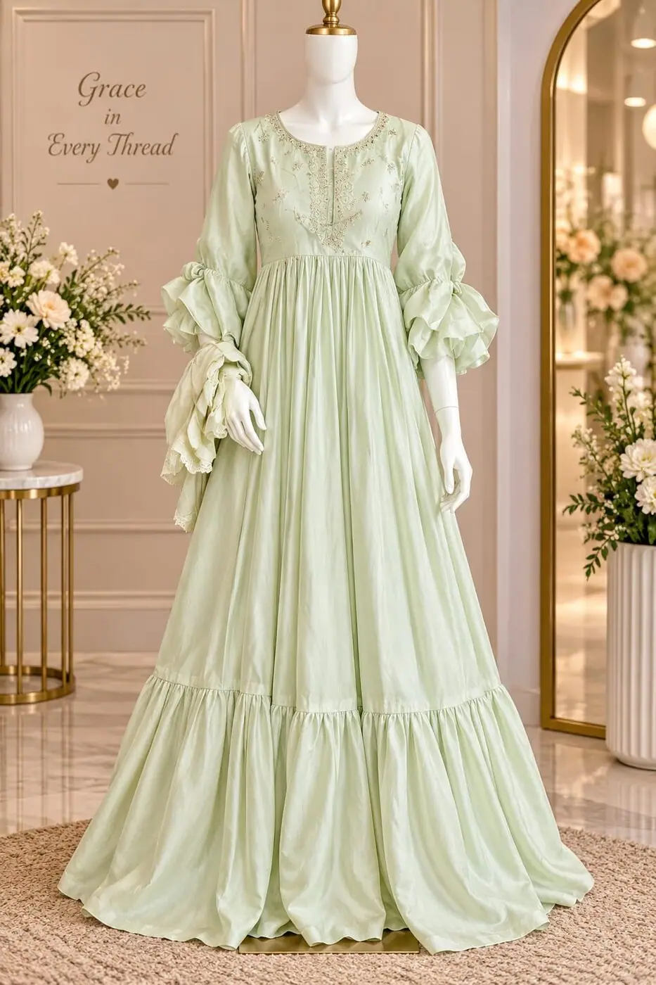 Padmini Pista Tiered Gown shown on a mannequin in the boutique