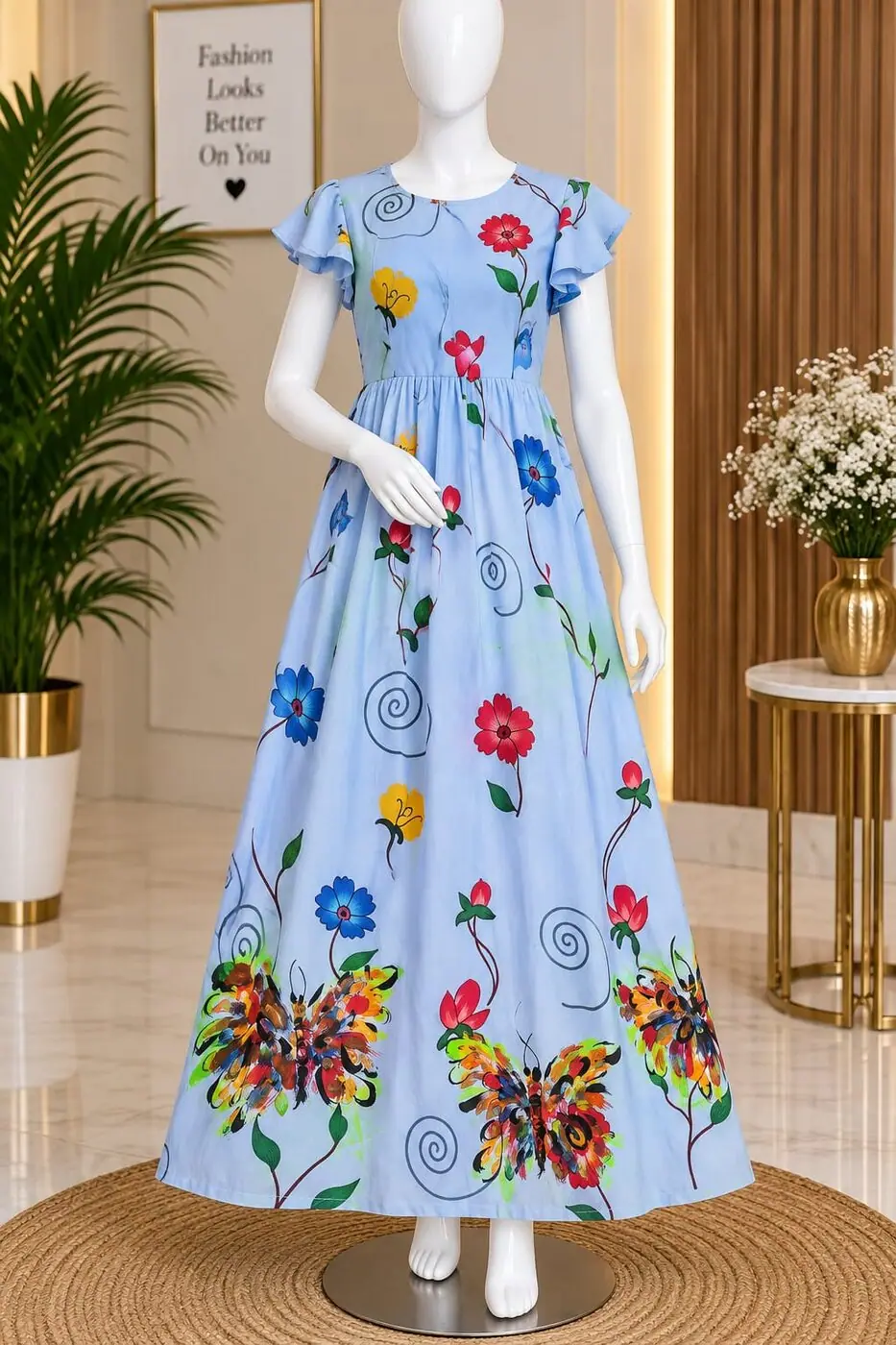 Janani Powder Blue Floral Gown shown on a mannequin in the boutique