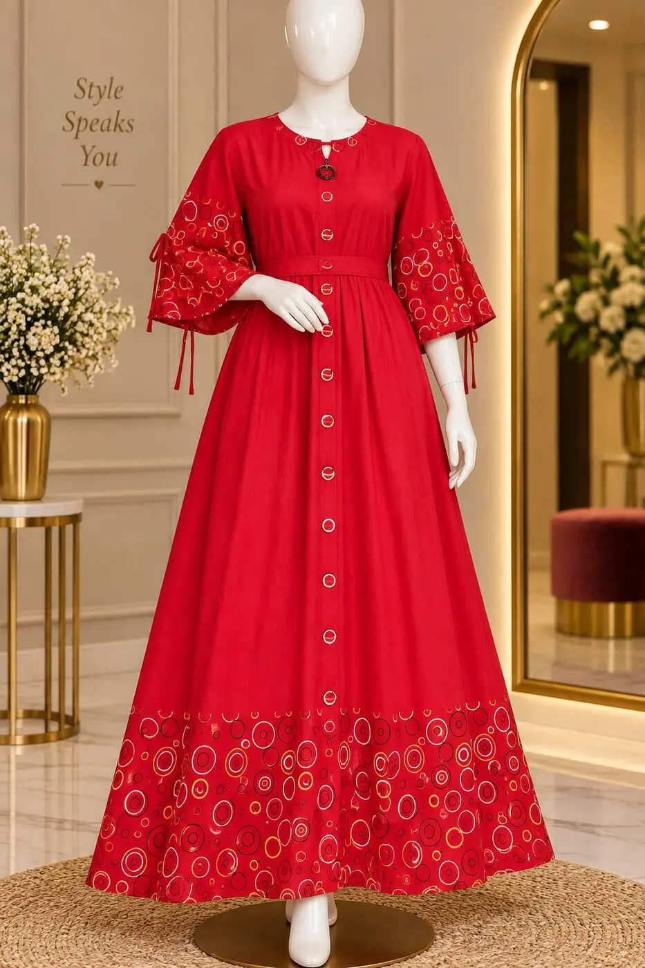 Anjali Red Button-Front Gown shown on a mannequin in the boutique