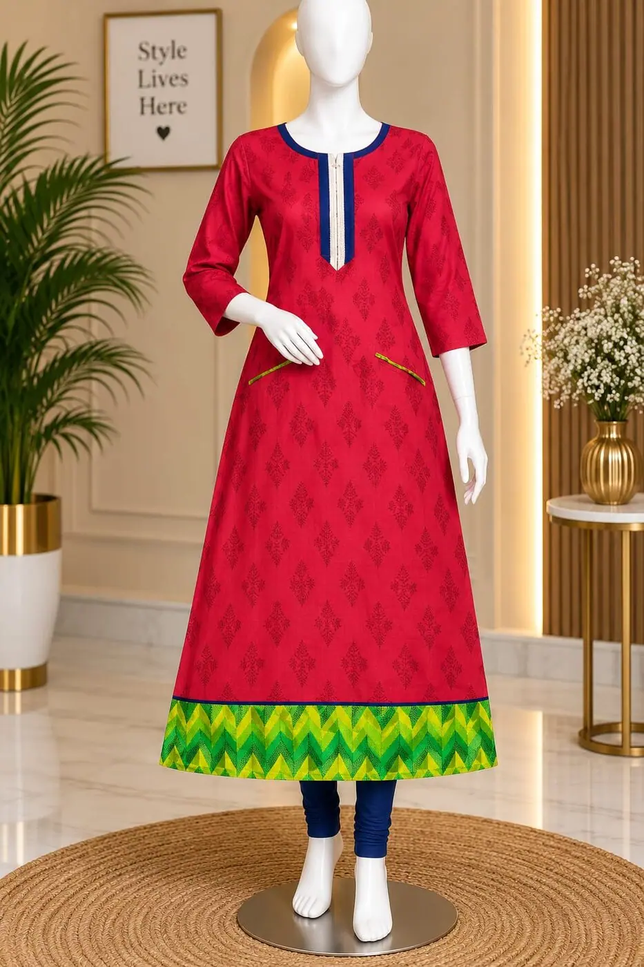 Keerthi Red Ikat-Hem Kurti shown on a mannequin in the boutique