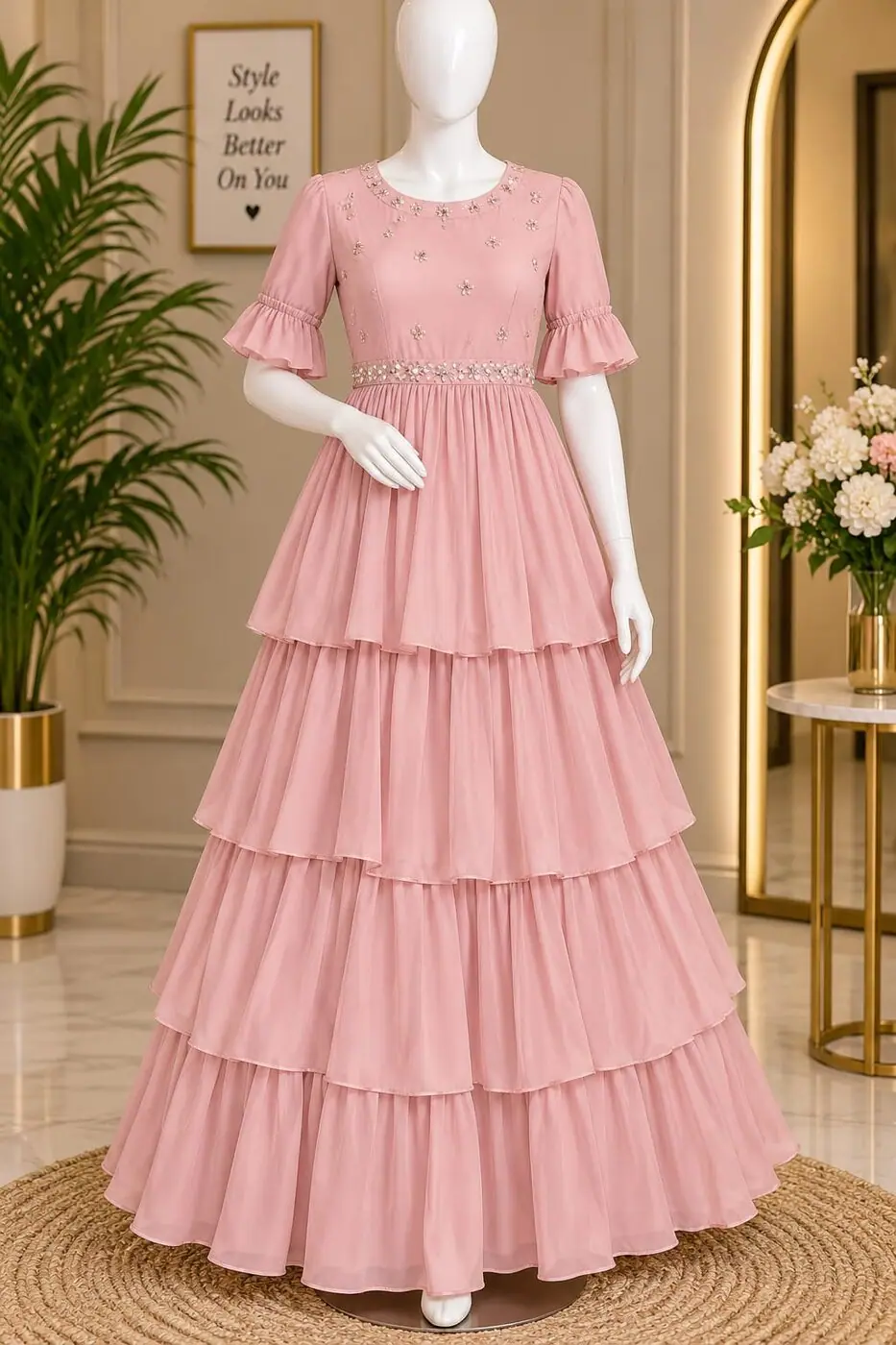 Deepa Rose Tiered Maxi shown on a mannequin in the boutique