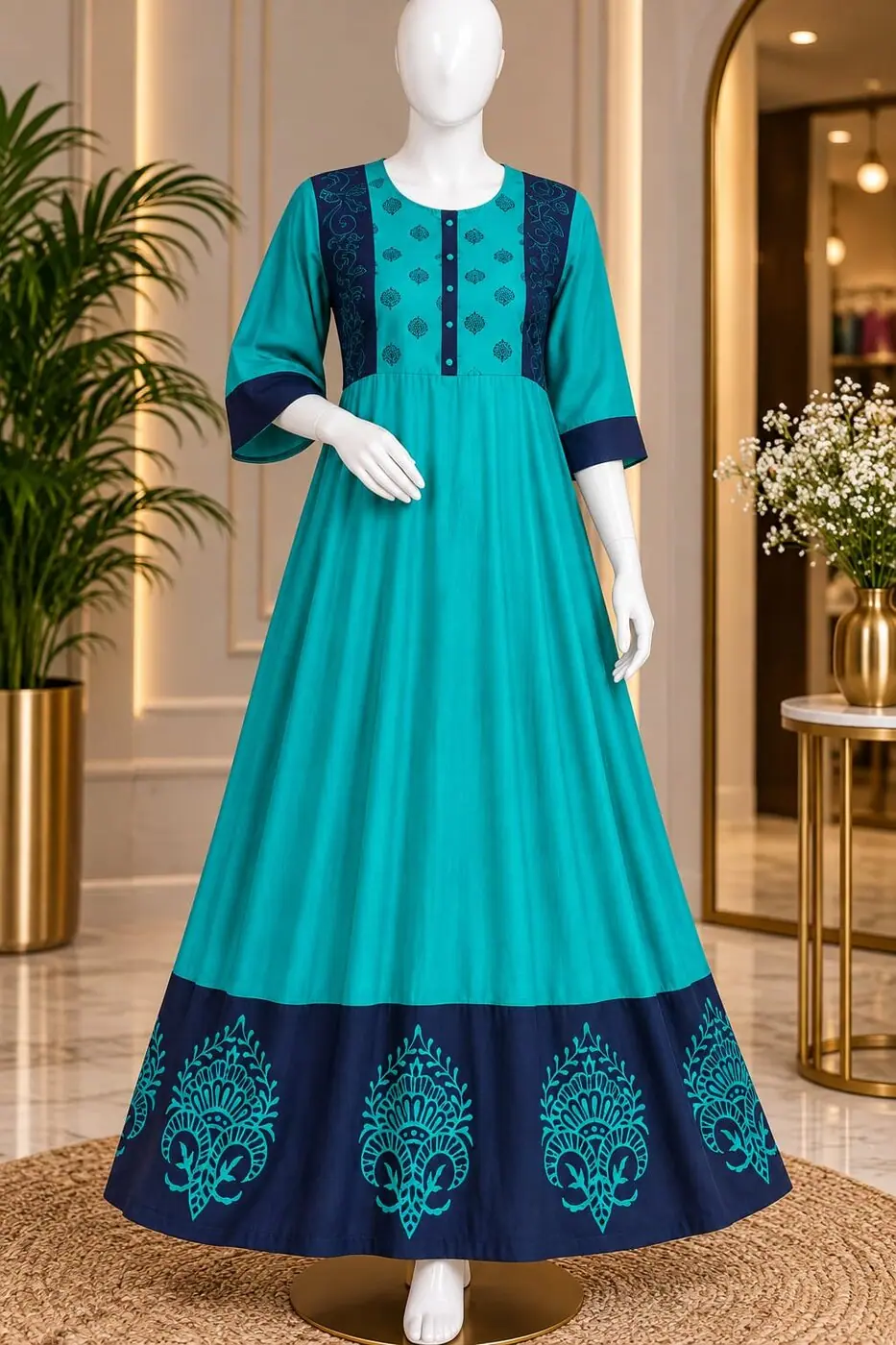Hamsa Teal Anarkali shown on a mannequin in the boutique