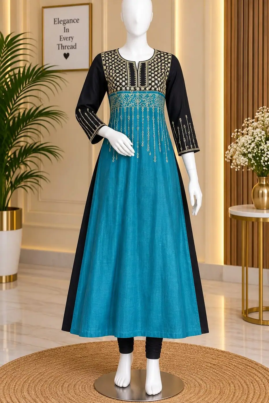 Ilavarasi Teal & Black Anarkali shown on a mannequin in the boutique