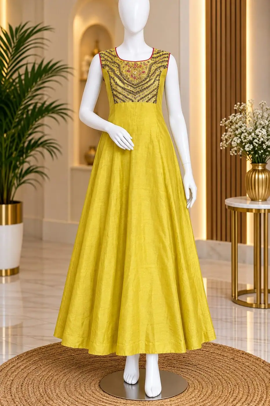 Oviya Yellow Sleeveless Anarkali shown on a mannequin in the boutique