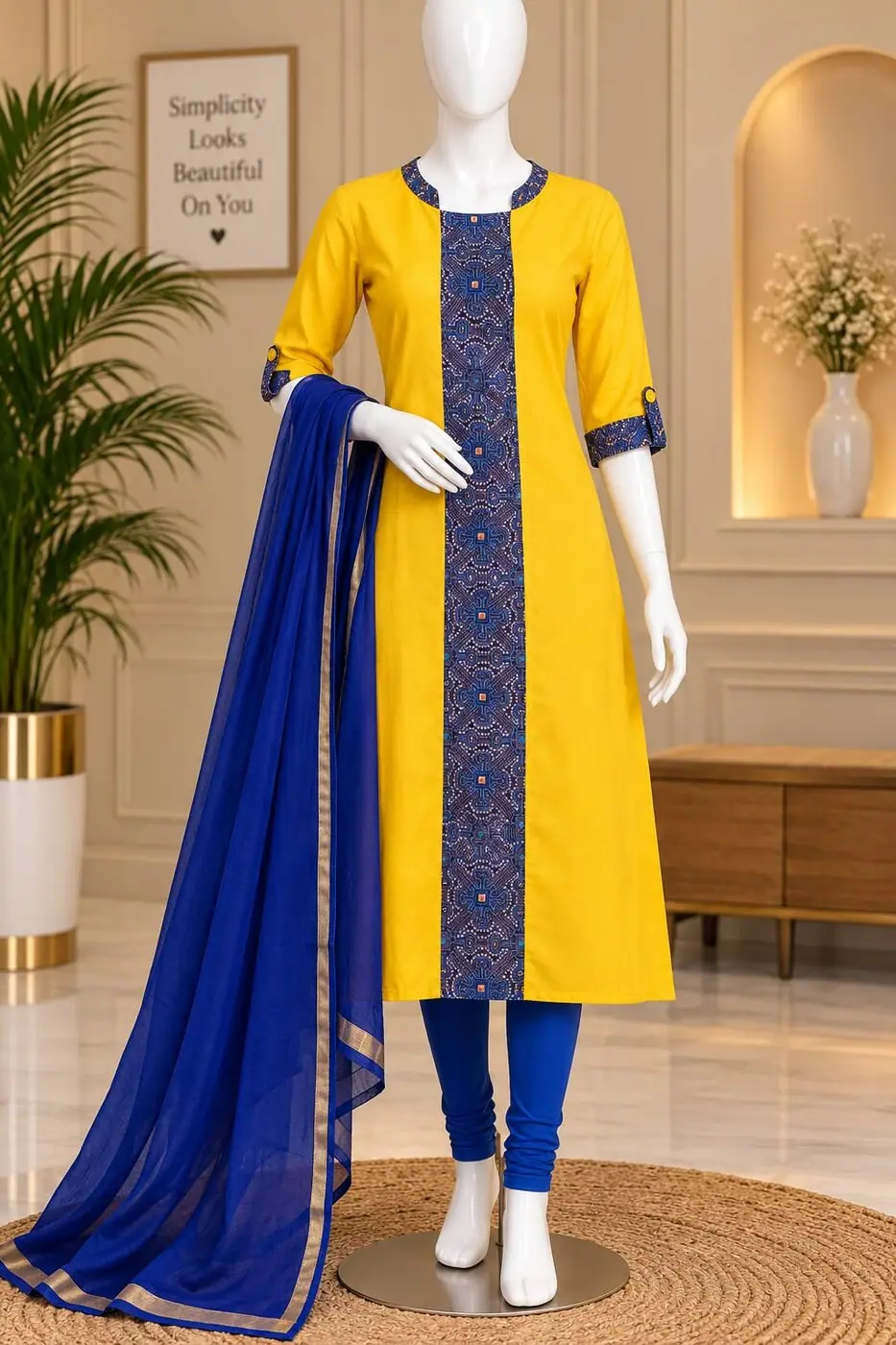 Varsha Yellow & Blue Chudidar Set shown on a mannequin in the boutique