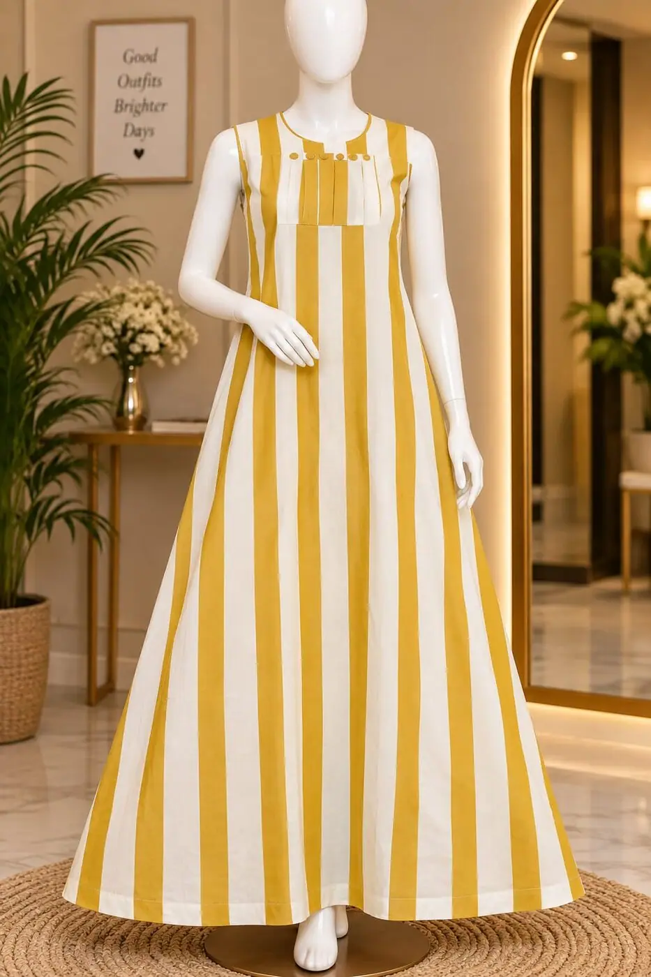 Charulatha Yellow Stripe Maxi shown on a mannequin in the boutique