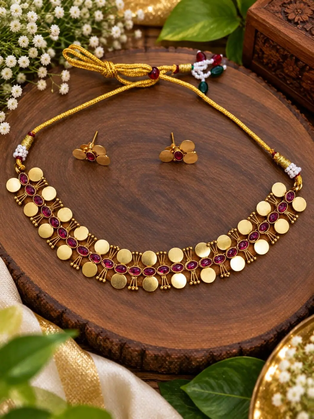 Ezhil Coin Kasumalai Set, photographed on a display stand