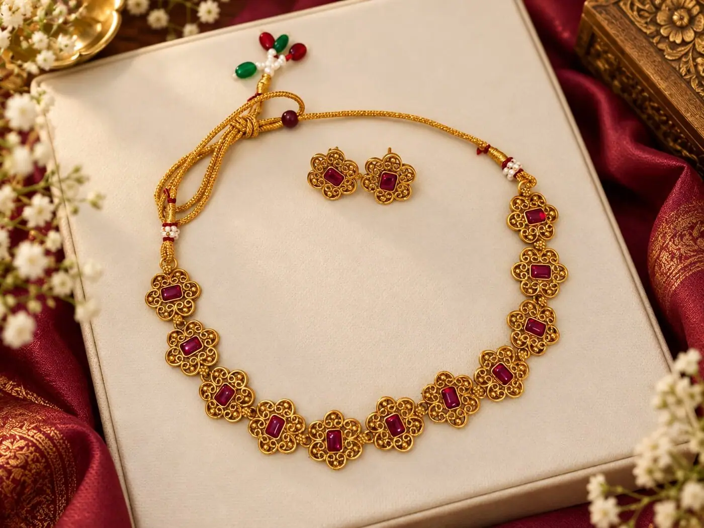 Thulasi Floral Kemp Necklace Set, photographed on a display stand