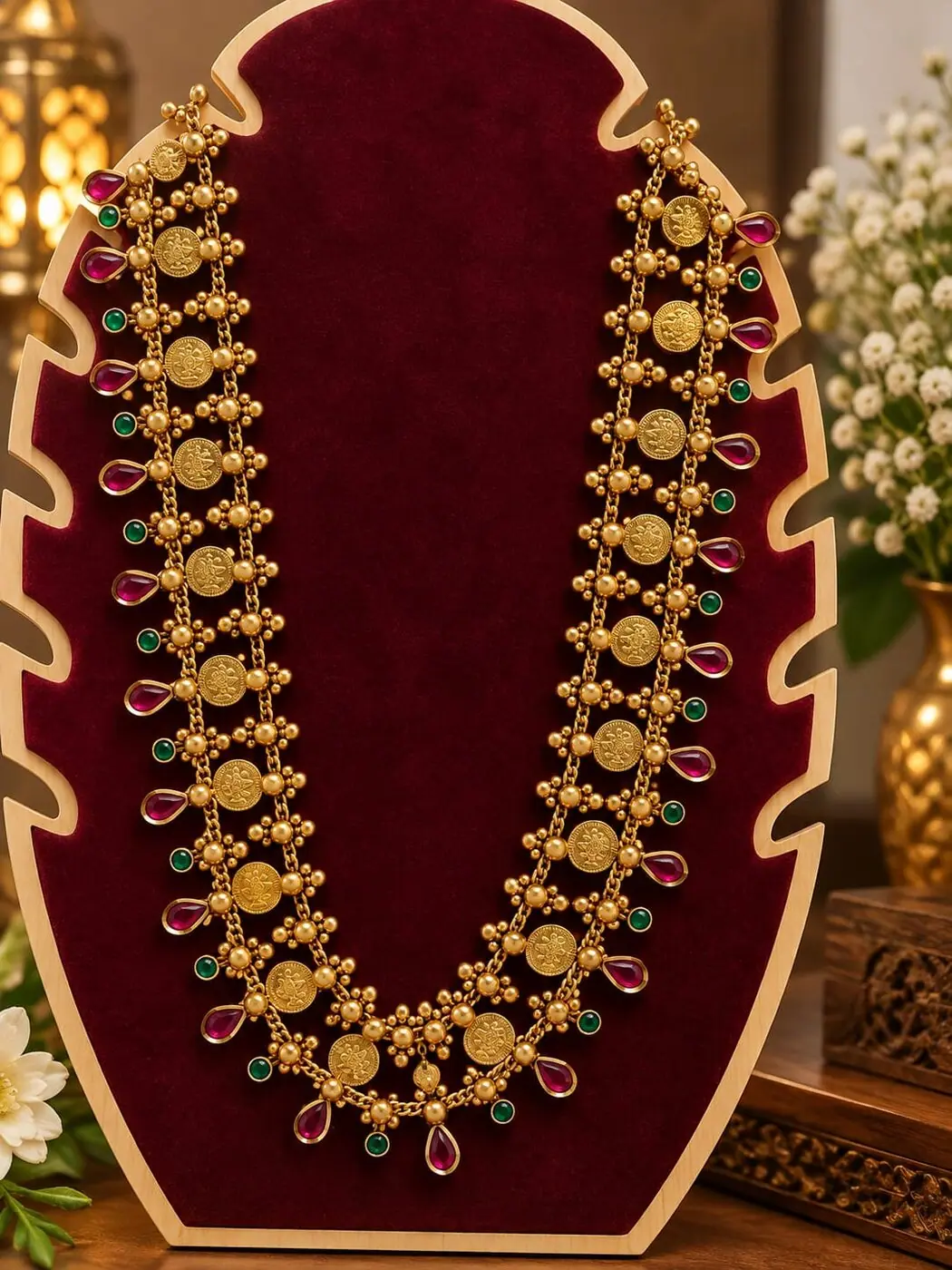 Meenakshi Kasumalai Long Haram, photographed on a display stand