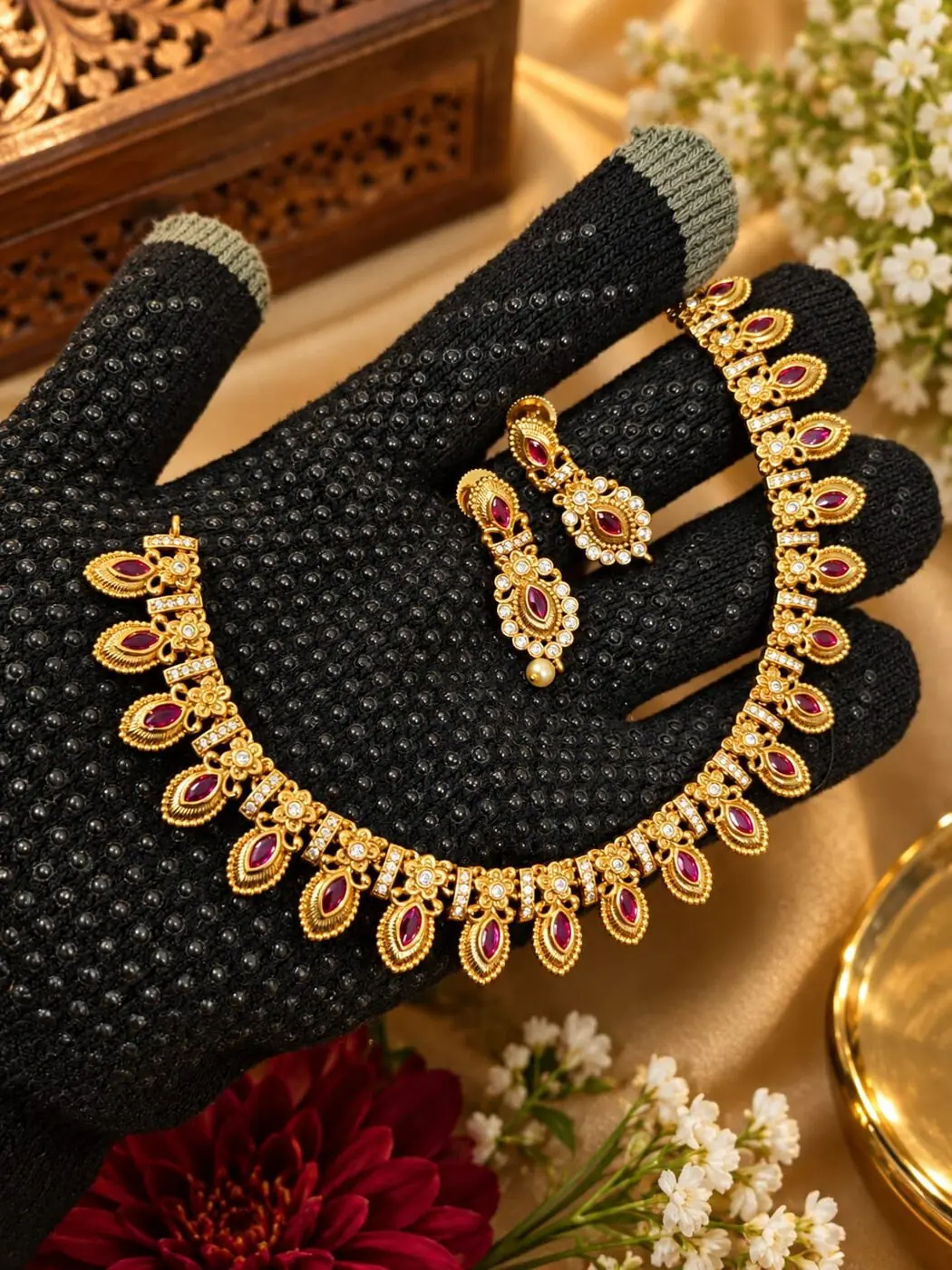 A gold collar hung with pink kemp drops, with matching earrings