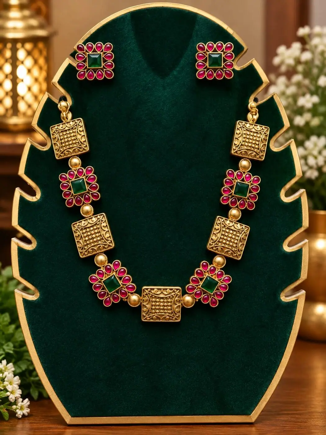 Kasthuri Kemp Square Necklace Set, photographed on a display stand