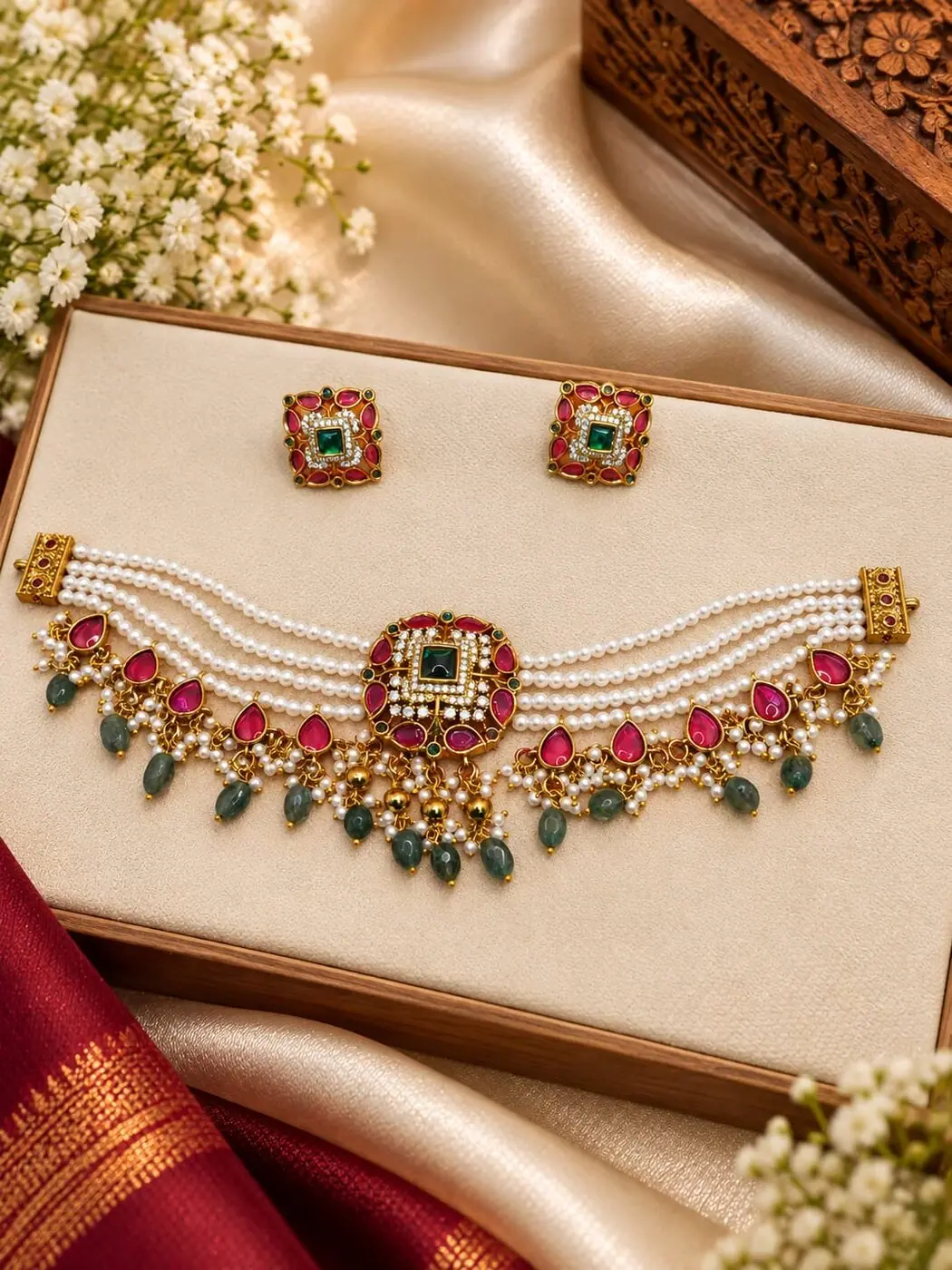 Ganga Layered Pearl & Kemp Set, photographed on a display stand