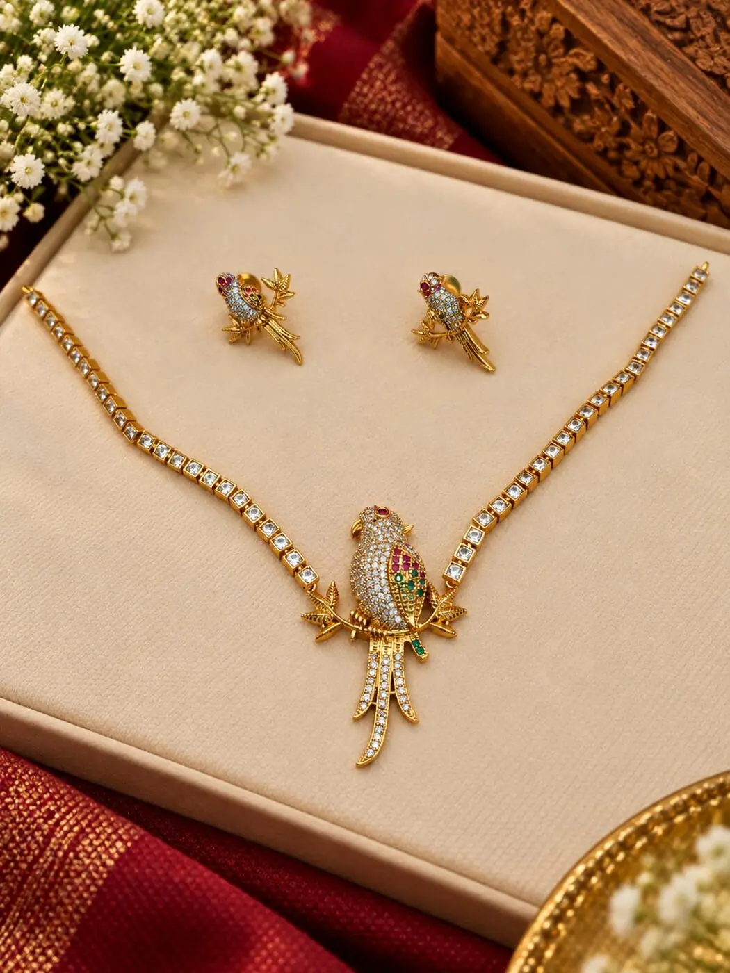 Chitra Peacock Stone Necklace Set, photographed on a display stand