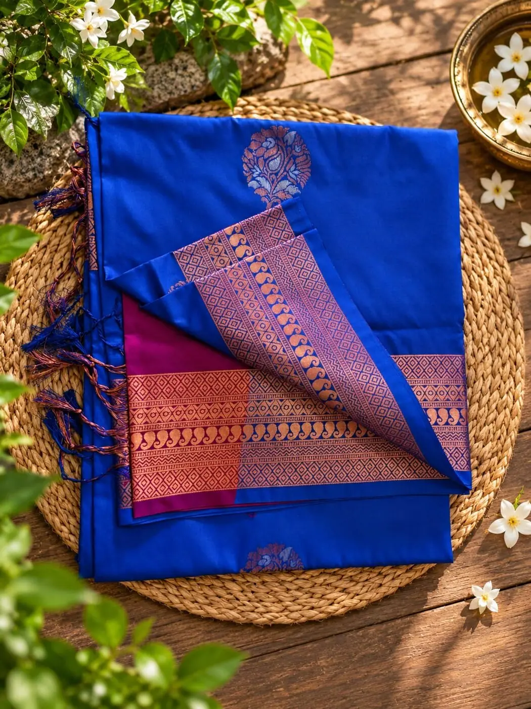 Cobalt blue saree with a magenta pallu and lavender brocade border