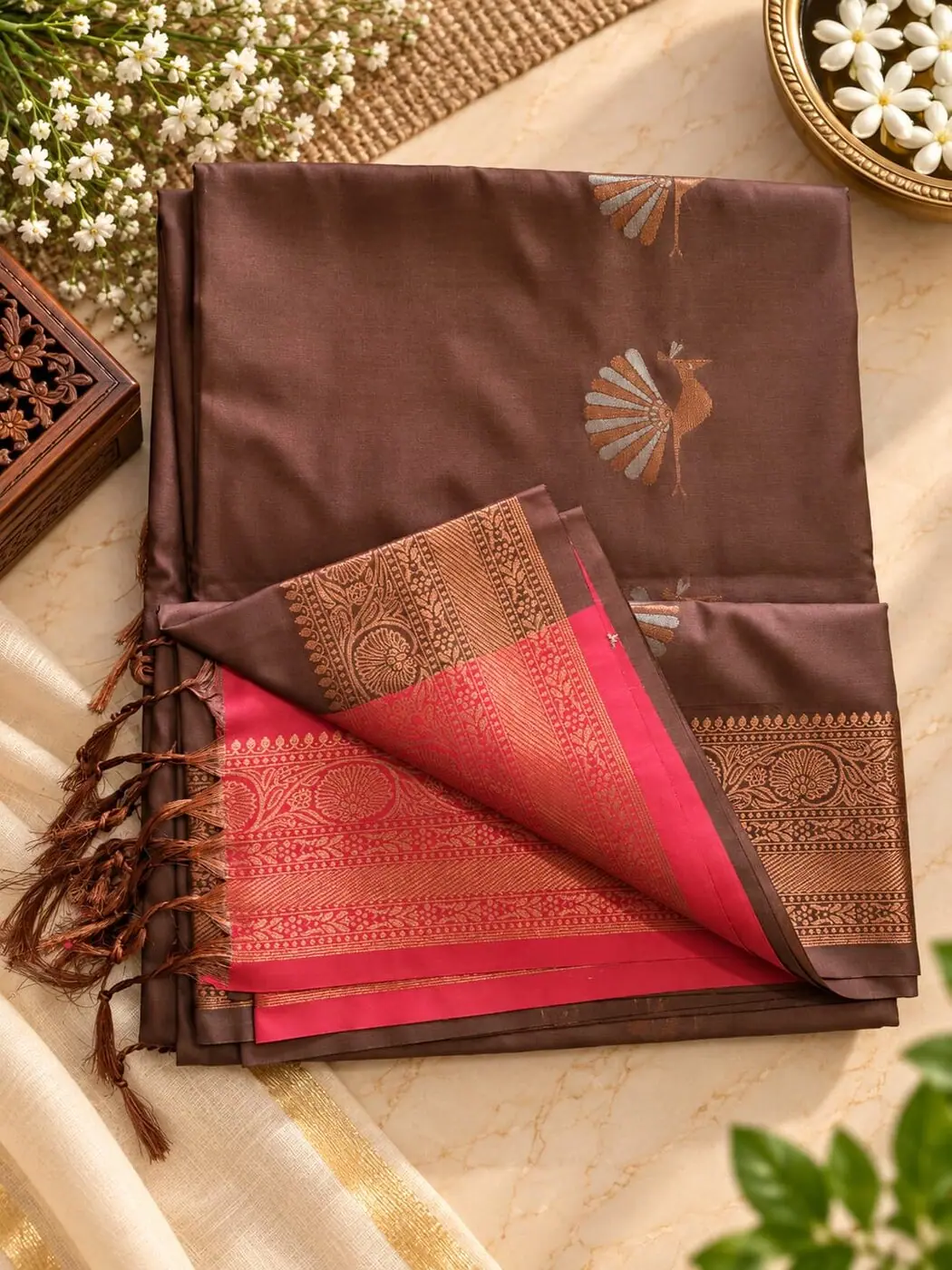 Cocoa brown saree with silver peacock motifs and a rose gold-zari border