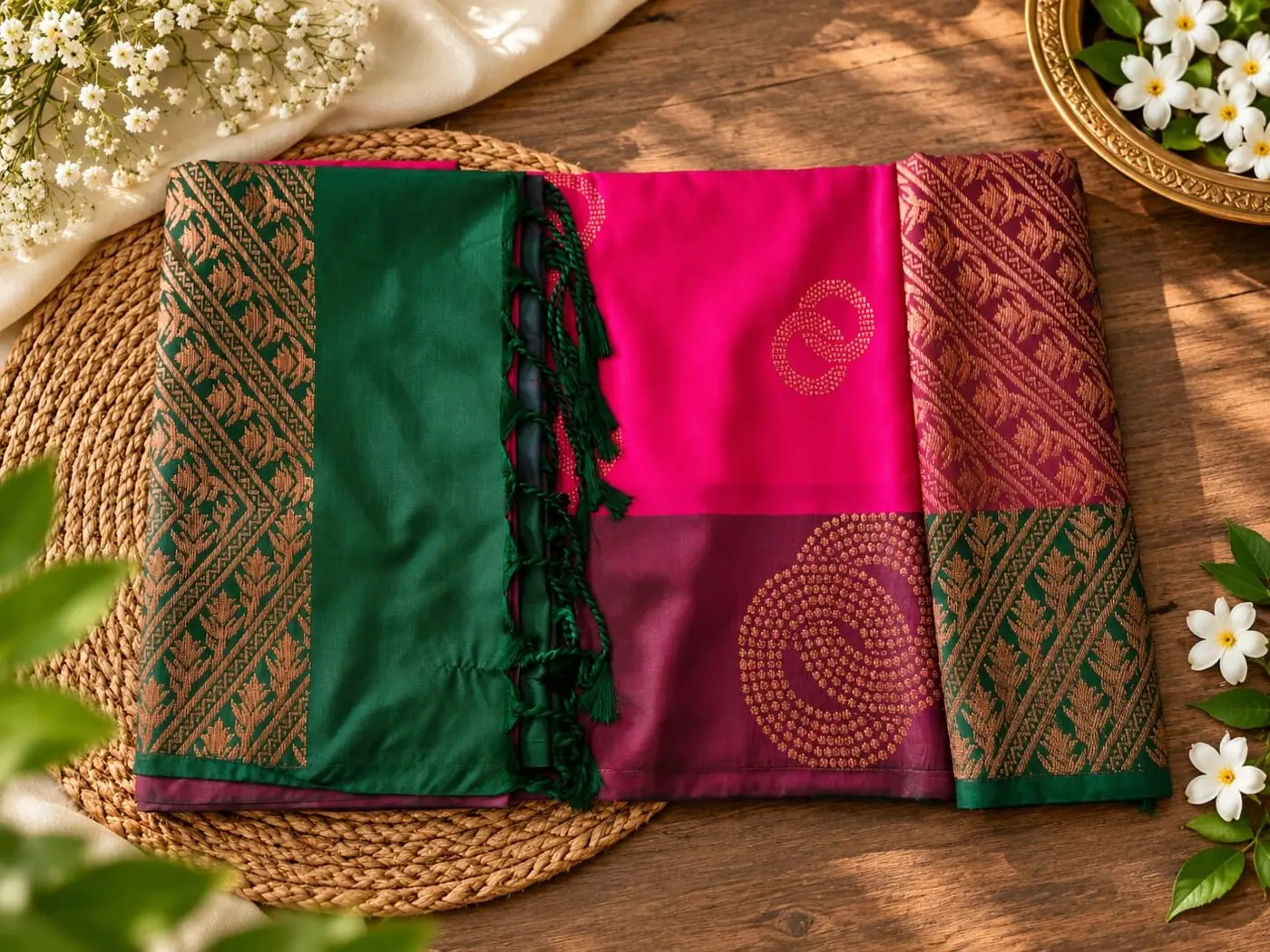 Emerald green saree with magenta and plum panels and a gold zari border