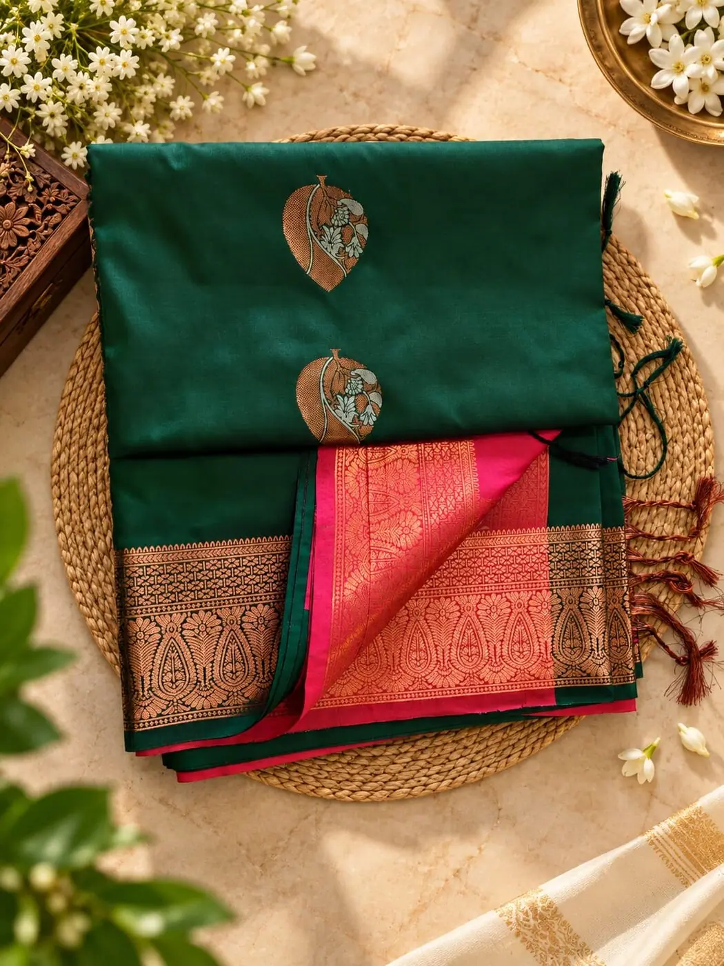 An emerald green silk saree with a rose and gold contrast border