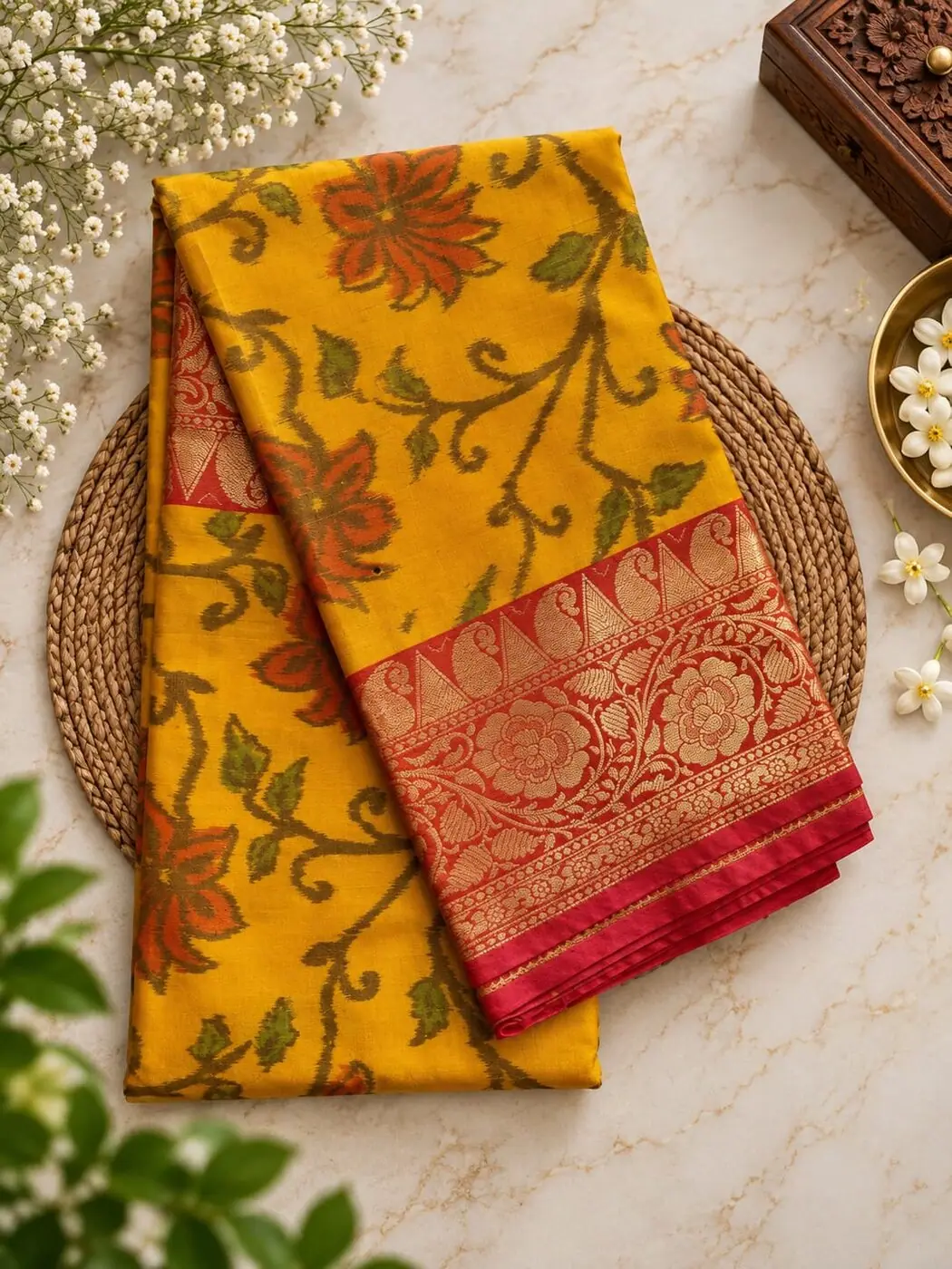 Marigold yellow saree printed with an orange floral vine, with a red and gold zari border