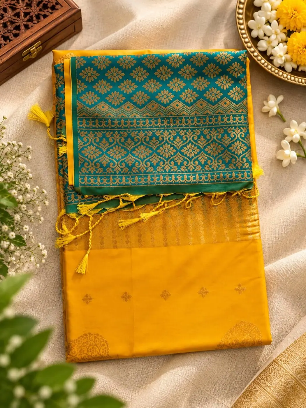 Marigold yellow saree with a teal and gold contrast border