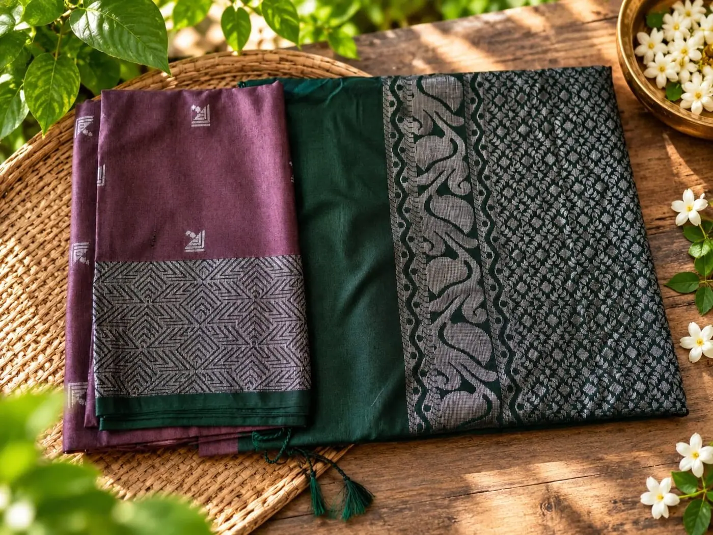 Mauve, bottle green and charcoal saree with silver zari work