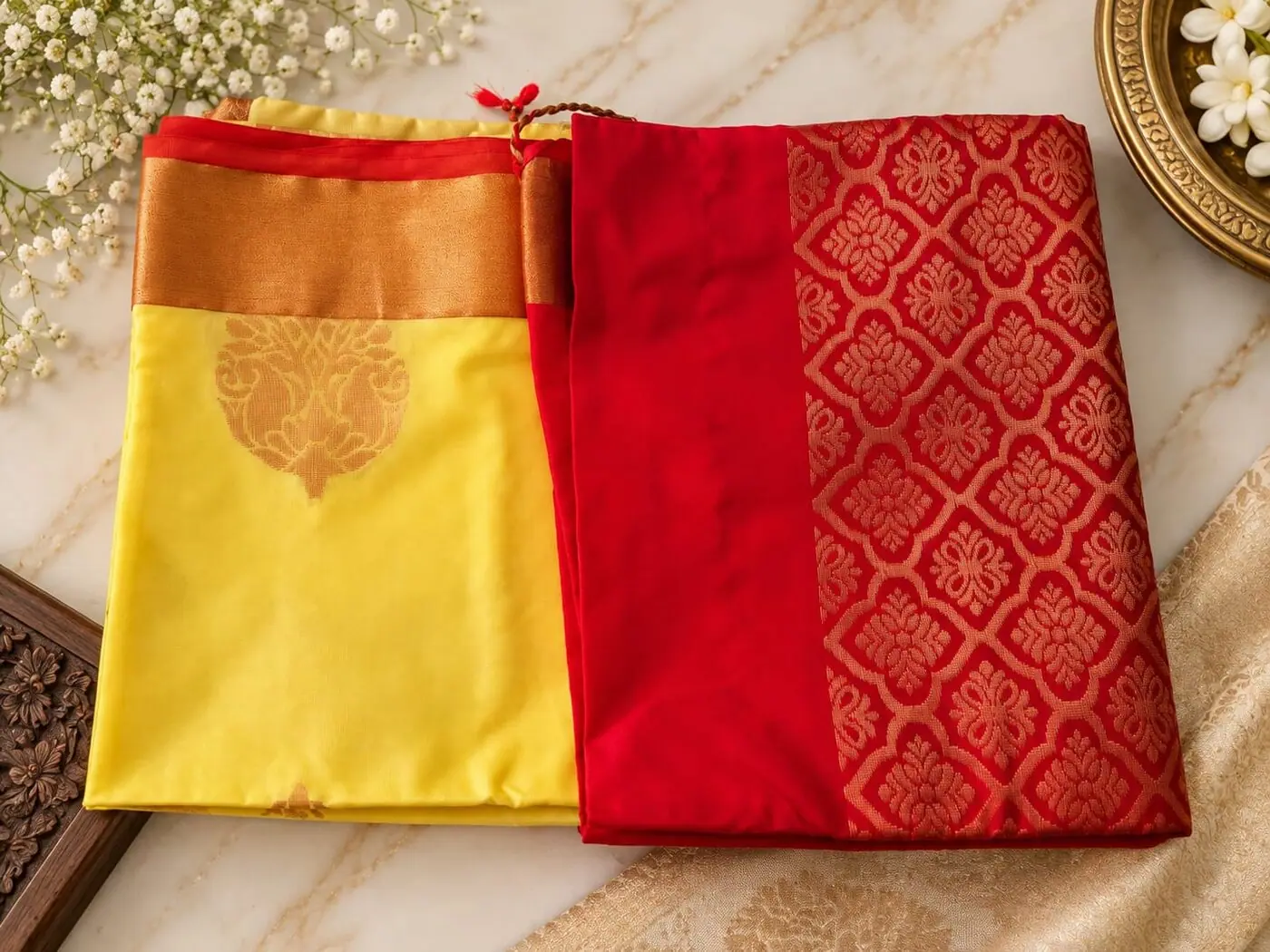Mustard yellow saree with a gold band and red brocade pallu