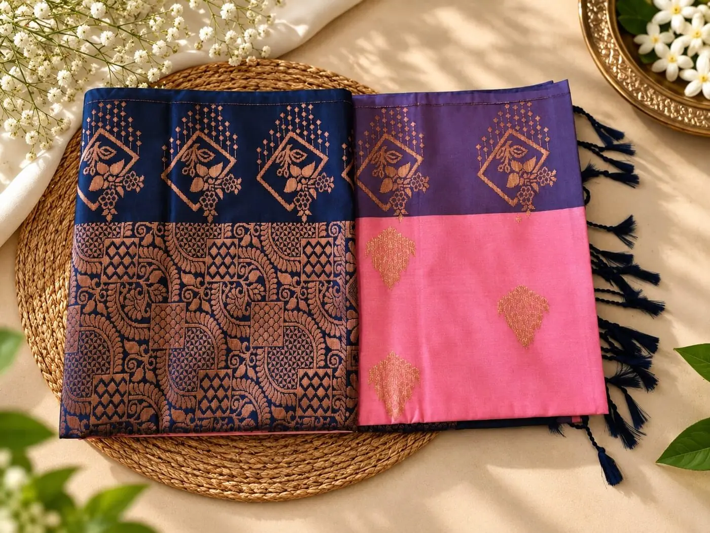 Navy saree with copper zari temple border and a rose pink blouse piece