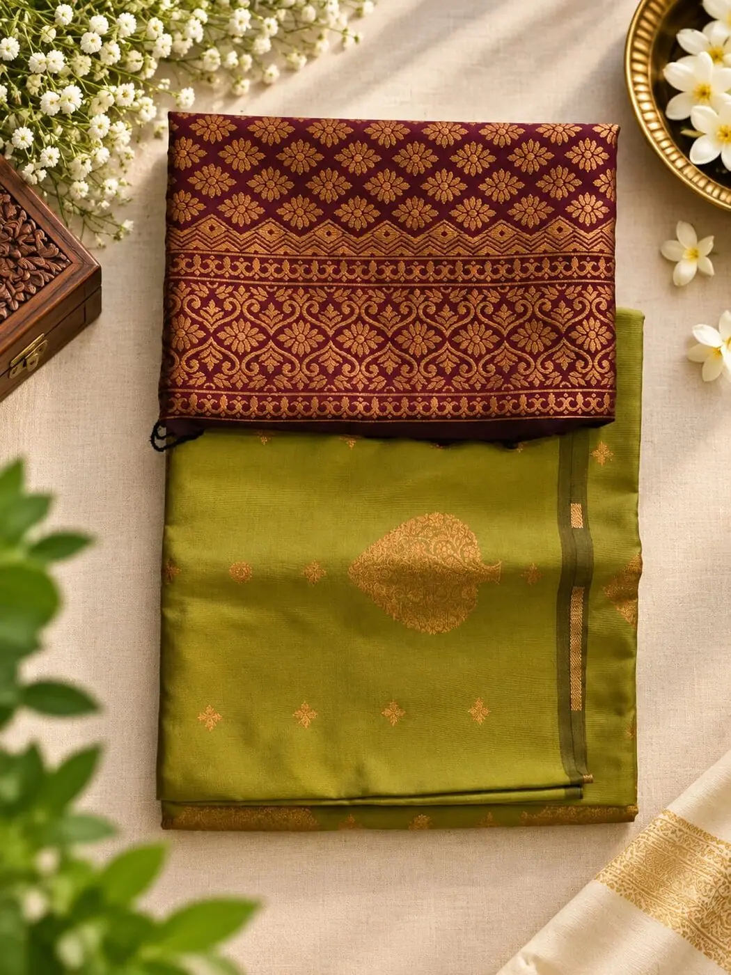 Olive green saree with a deep maroon border worked in copper zari