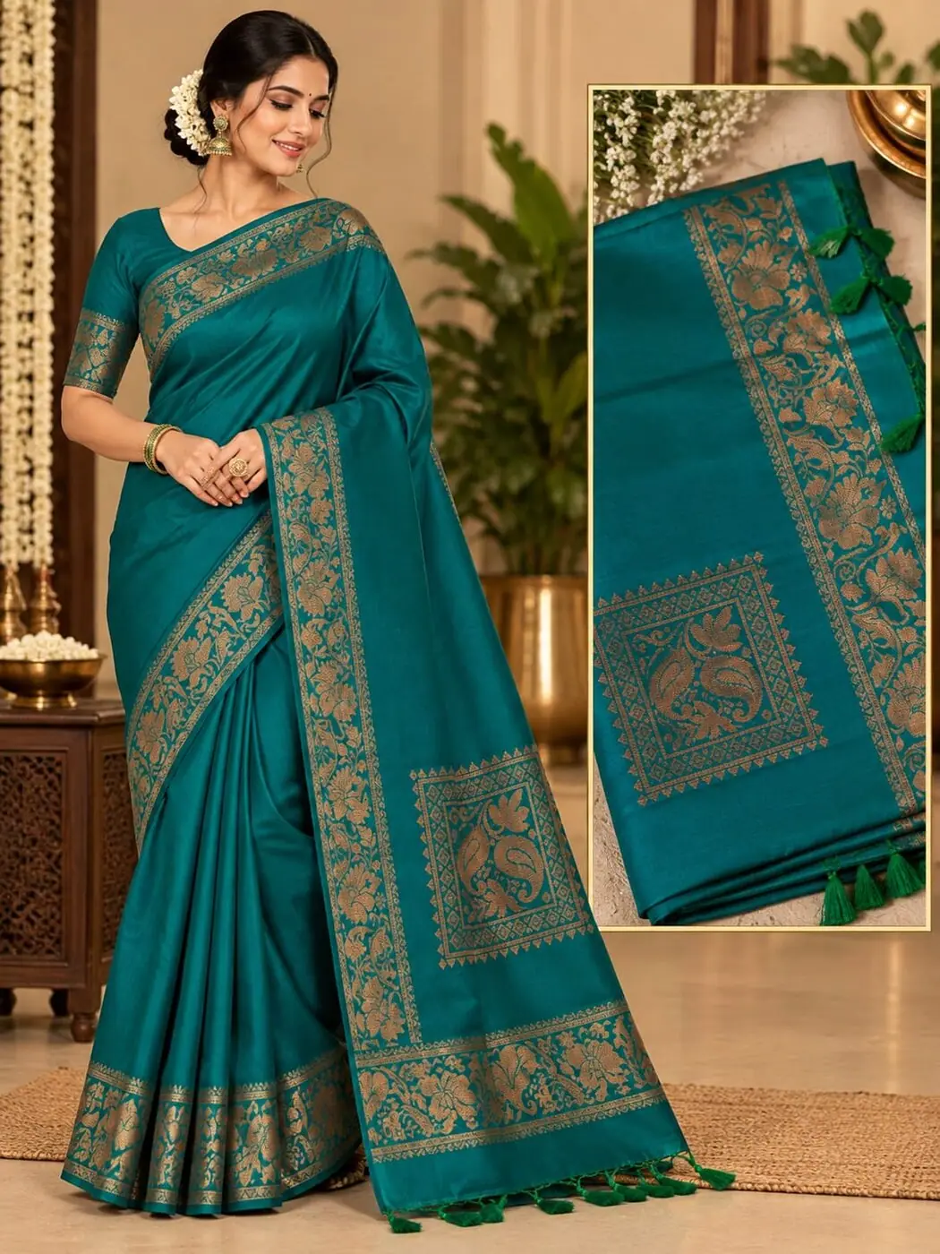 A peacock teal silk saree with a gold zari border, worn, beside a detail of its pallu