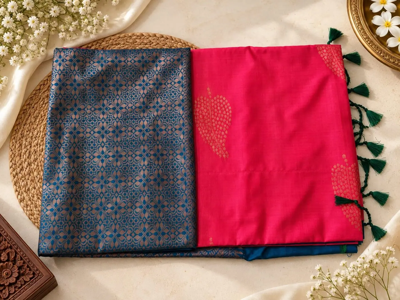 Teal saree in all-over gold brocade with a rose pink blouse piece